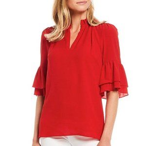 *NWT* Michael Kors - Textured Crepe Flounce Cuff Ruffle Trim V-Neck Top